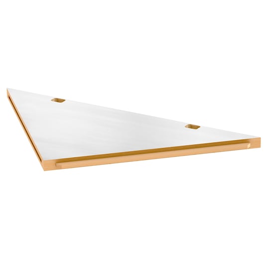 Facom JLS3-PBAST photography of triangular white and wood shelf with two cut-out handles, angled view