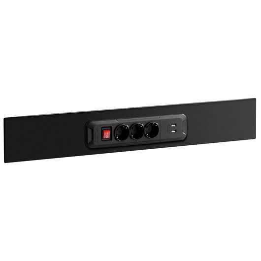 Facom JLS3-POWERBLOCK black power strip with three sockets, USB ports, and switch, front angle.