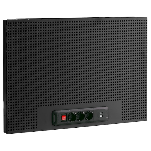 Facom JLS3-PPAV1USBBS black perforated wall panel with power outlets, front angle, photography