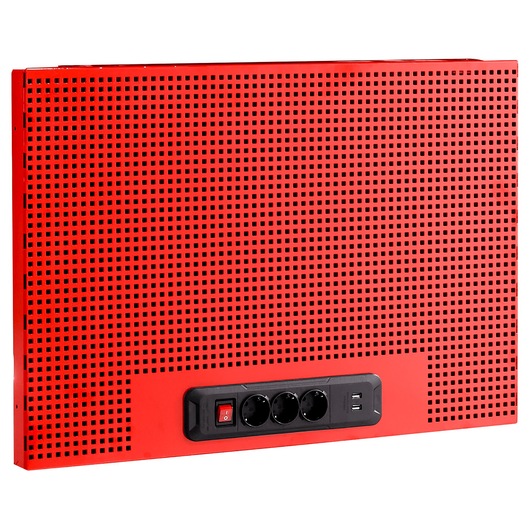 Facom JLS3-PPAV1USB red perforated wall panel with power strip and USB ports, front angle.