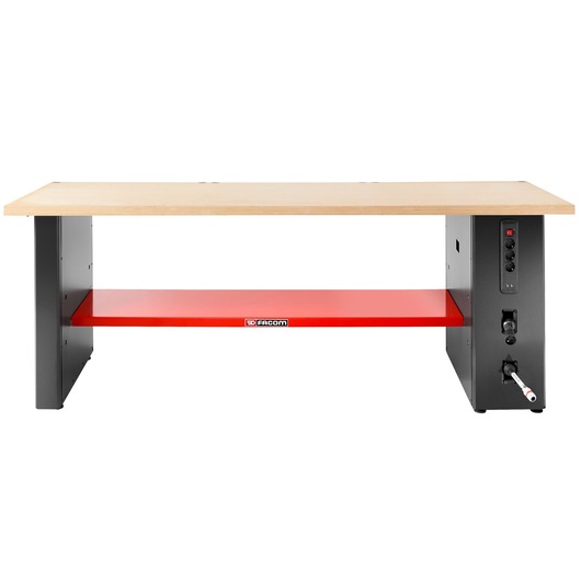 Facom JLS3-PSBPOWER workbench with wood top, black metal legs, red shelf, power controls, front view on white.