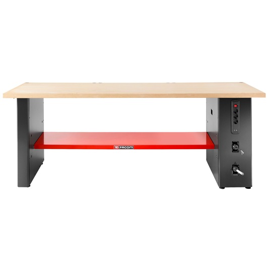 Facom JLS3-PSBPOWER workbench with light wood top, red lower shelf, and black metal legs, front angle.