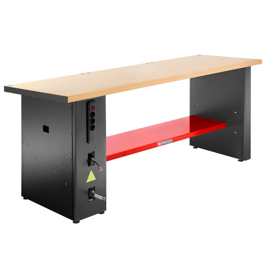 Facom JLS3-PSBPOWER workshop bench with wooden top, black sides, and red lower shelf, front angle.