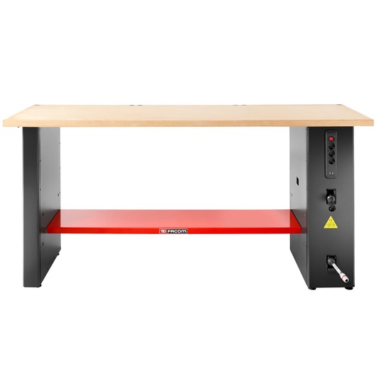 Facom JLS3-PSHPOWER workbench with wood top, black metal frame, and red lower shelf, front angle on white background.
