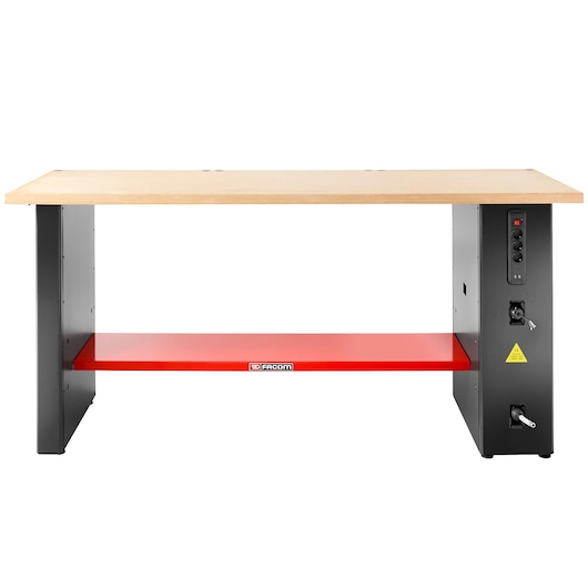 Facom JLS3-PSHPOWER workbench with light wood top, black legs, red lower shelf, front angle on white background.