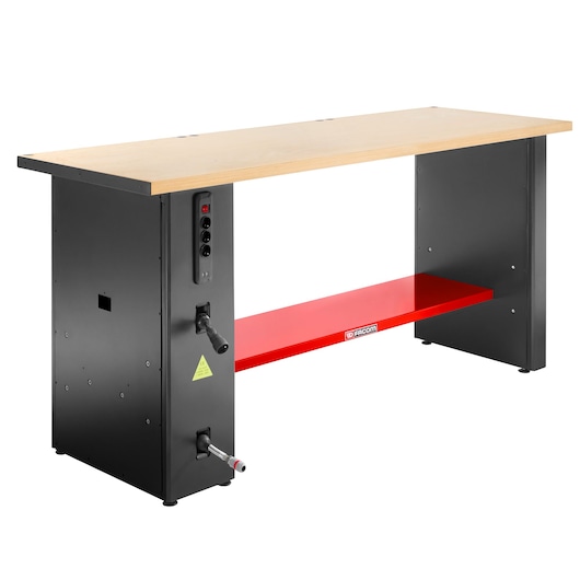 Facom JLS3-PSHPOWER adjustable workbench with wood top, black metal frame, and red lower shelf, front angle.