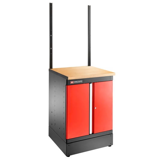 Facom JLS3-TUBESUP100 cabinet with red doors, wood top, and two upright supports, photography, front angle.