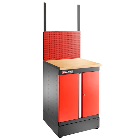 Facom JLS3-TUBESUP100 workshop cabinet with red doors, wood top, and red perforated back panel, three-quarter angle.