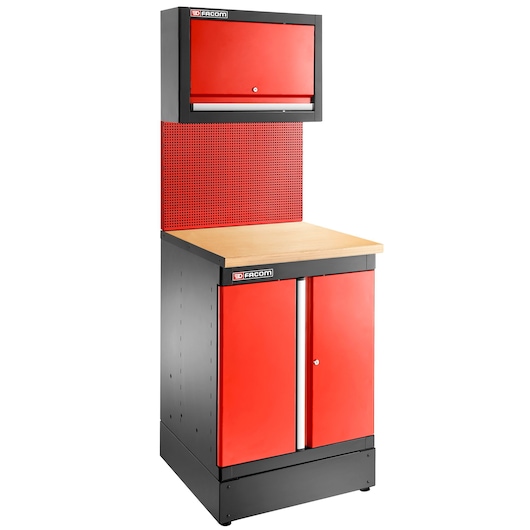 Facom JLS3-TUBESUP100 red and black storage cabinet with wooden worktop, front angle photo.