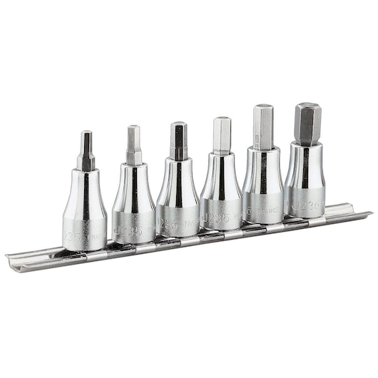 Facom JT_40 hex bit socket set, six pieces, chrome finish, on metal rail, product side view.