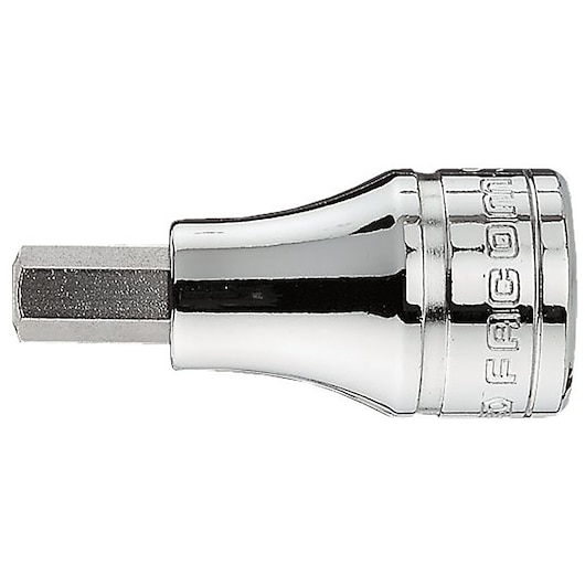 Facom hex socket bit JT_7, chrome finish, side angle on white background, photography.