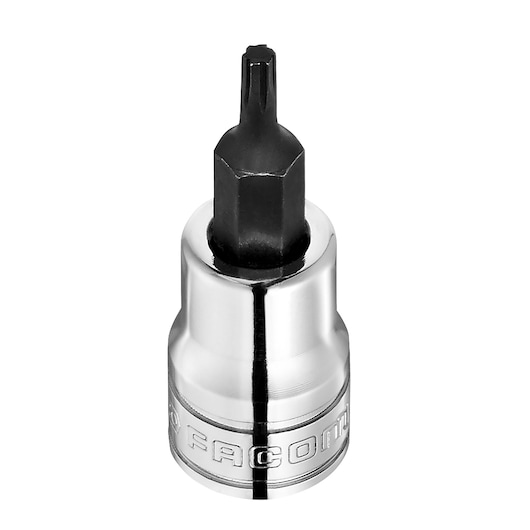 Facom JTM_3GRP chrome and black socket bit, front angle, tool photography.
