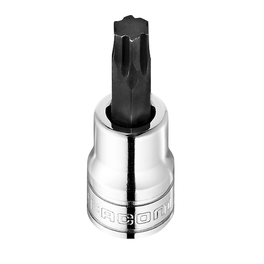 Facom JTM_7GRP chrome socket bit with black star tip, photographed on white background.