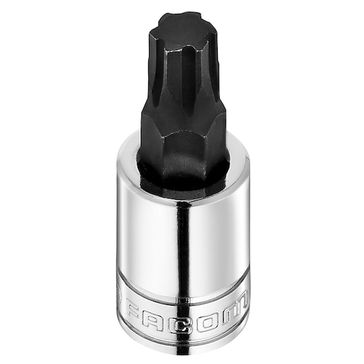 Facom JTM_8GRP chrome and black socket bit, star shape, standing upright, white background.