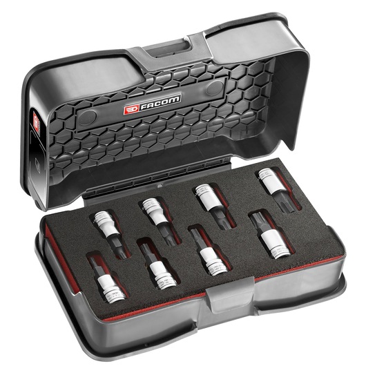 Facom JTM_J8MGRPPB socket bit set with eight pieces in a black hard case, photographed at an angle on white background.