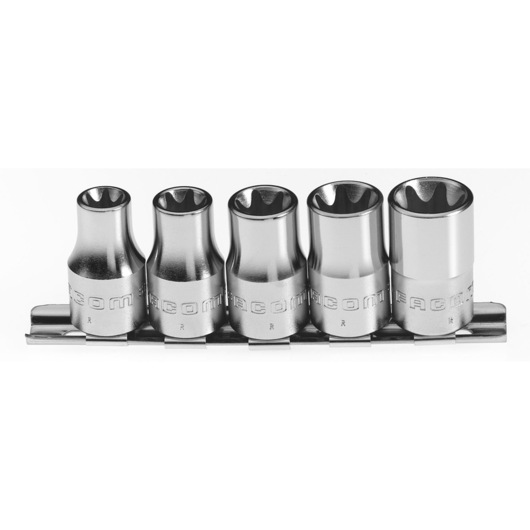 Facom JTX_40 chrome socket set on rail, front angle, photography, five sockets visible.