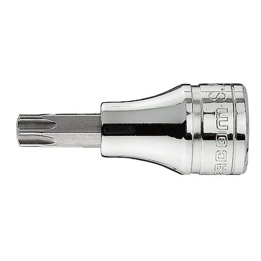 Facom JX_45 chrome Torx socket bit, side angle, photography on white background.
