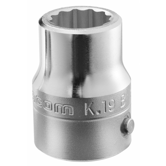 Photo of Facom K.15/16B chrome socket, 12-point design, viewed at an angle on white background.