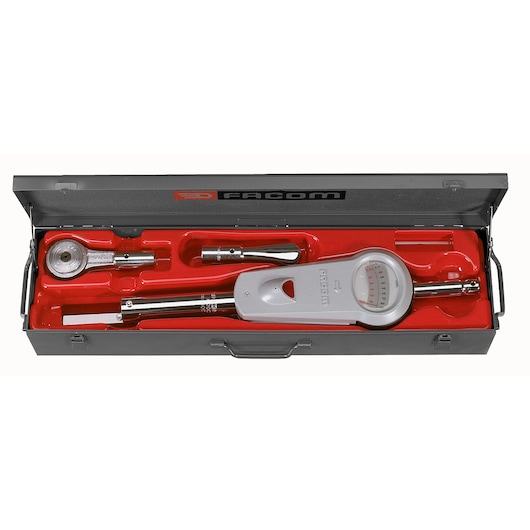 Facom K_203B torque wrench set in gray metal case with red insert, top view, product photography.