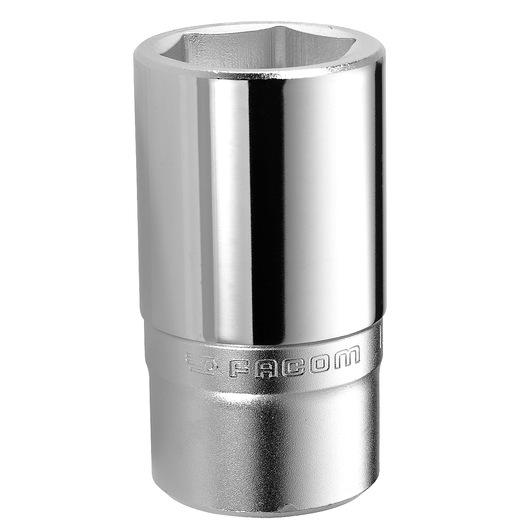 Facom K_35LA chrome socket, cylindrical shape, hexagonal opening, product photography, front angle on white.
