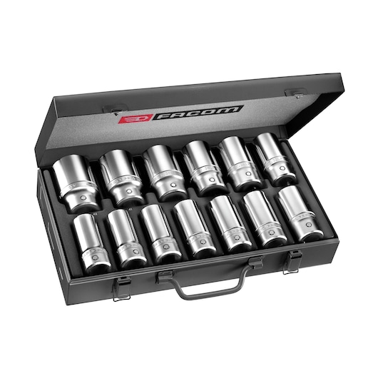 Facom K_405E socket set with twelve chrome sockets in a black metal case, angled view on white background.