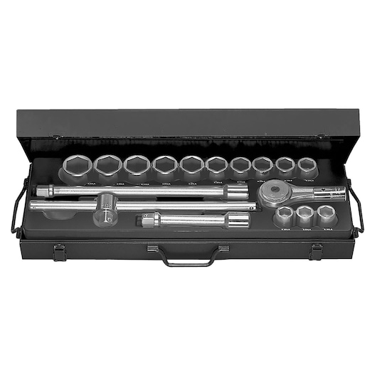 Facom K_415E socket wrench set with ratchet, extension bars, and sockets in black metal case, top view.