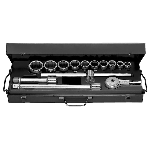 Facom K420N socket and ratchet set with metal case, multiple sockets and extension bars, top-down view.
