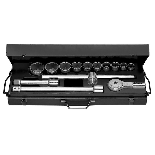 Facom K_421N socket wrench set with ratchet and accessories in black metal case, front angle.