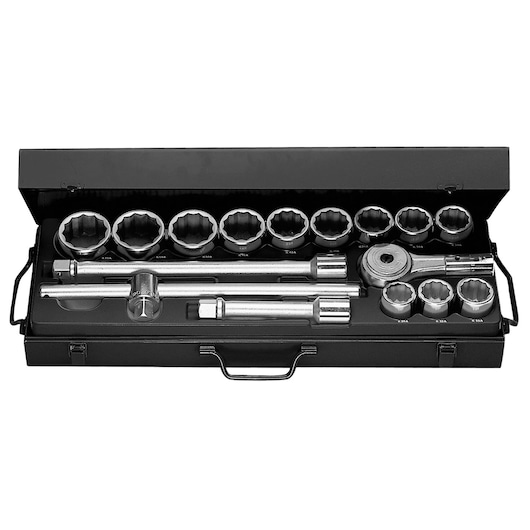 Facom K_432E socket wrench set with metal case, top view, showing multiple sockets and accessories.