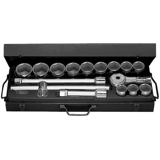Facom K433E socket wrench set with metal case, includes sockets and ratchet, top view, white background.