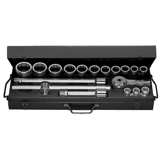 Facom K_436E socket wrench set in black metal case, assorted sockets and ratchet, top-down view.