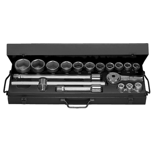 Facom K_437E socket wrench set with ratchet, extensions, and sockets in a black metal case, top view.