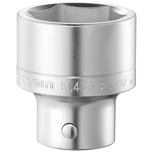 Photo of Facom K_43HB chrome socket, hexagonal opening, close-up on white background.