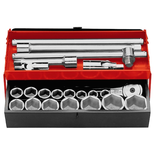 Facom K_441A socket wrench set with extension bars and ratchet in an open metal case, top-down view.