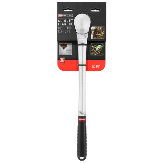 Facom KL_161PB dust proof ratchet with black and red handle, packaged, front view on white background.