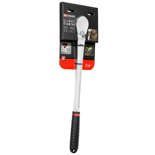 Photo of Facom KL_161PB dust proof ratchet with black and silver handle, retail packaging, front angle.