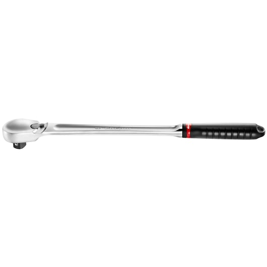Facom KL_161 ratchet wrench with long chrome body and black grip, side angle, on white background.