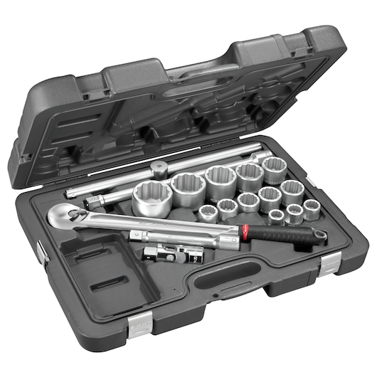 Facom socket wrench set with ratchet, extensions and sockets in black hard case, product angle KL_501.