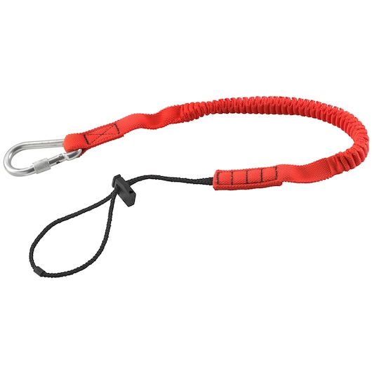 Facom LAN-WRT12 red elastic tool lanyard with metal carabiner and black loop, side view on white background.