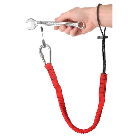 Facom LAN-WRT12 red safety lanyard with carabiner, attached to a wrench, white background, front angle.