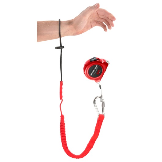 Photo of Facom LAN-WRT12 red flexible tool lanyard with carabiner attached to wrist, white background.