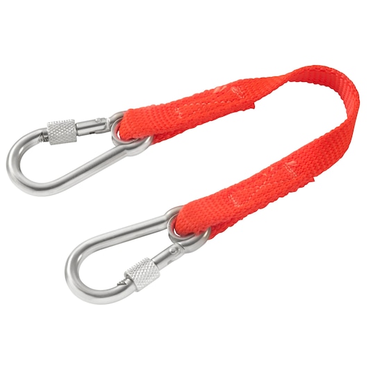 Facom LAN02 red nylon strap with two silver locking carabiners, side view on white background.