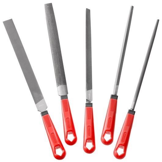 Facom LIM250EMJ5 file set with five metal files, red handles, assorted shapes, front angle on white background.