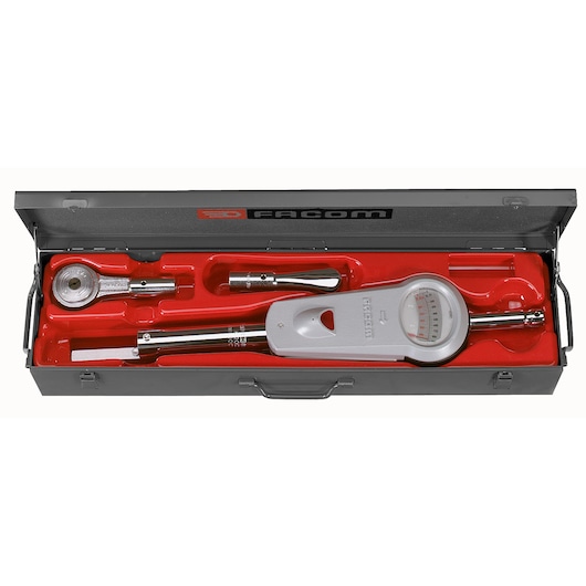 Facom M_201B torque wrench set in a gray metal case with red molded insert, top view.