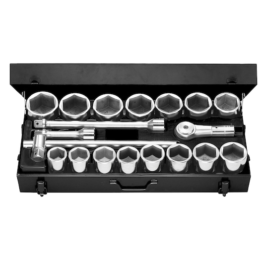 Facom M_431E socket wrench set with ratchet and multiple sockets in a black metal case, top view.