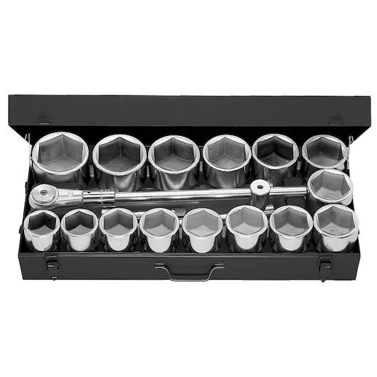 Facom M_441E socket wrench set with ratchet, extension bar, and multiple sockets in black metal case, top view.