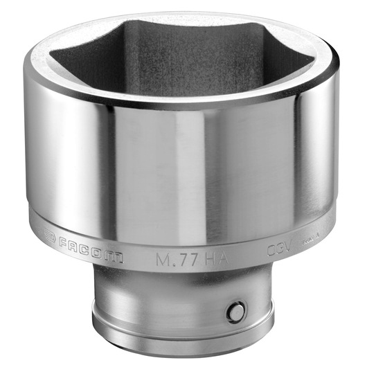 Facom M_58HA silver impact socket, cylindrical, square opening, product photography, front angle.