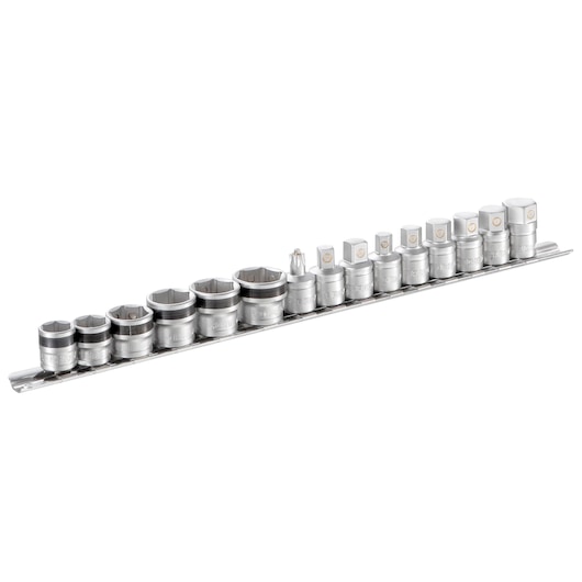 Facom MB-J15 silver socket set on rail, photography, side angle, various sizes visible.