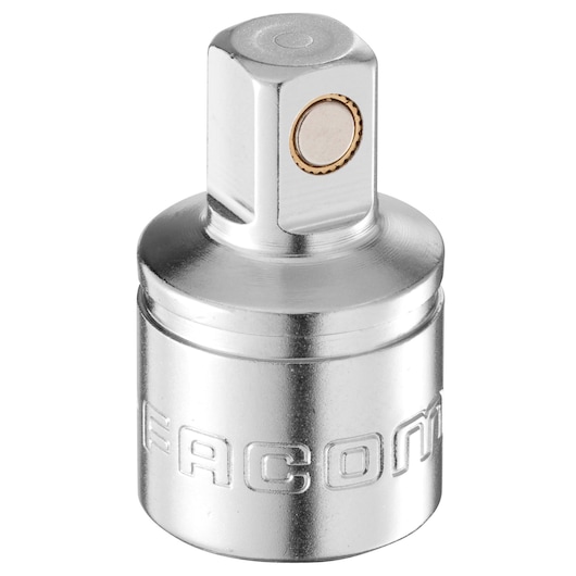 Facom MB_S08 chrome socket adapter, front angle, engraved brand name visible on cylindrical base.
