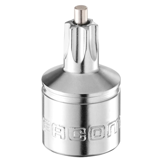 Photo of Facom MBT45 chrome Torx socket, front angle, engraved branding visible, white background.